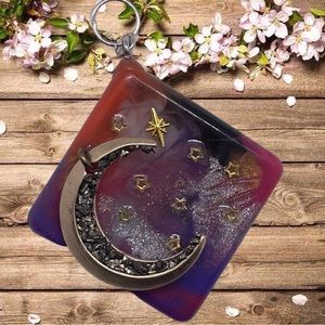 Celestial Moon Pendant Artisan Natural Crystals Sparkling Resin Inset Gold Stars